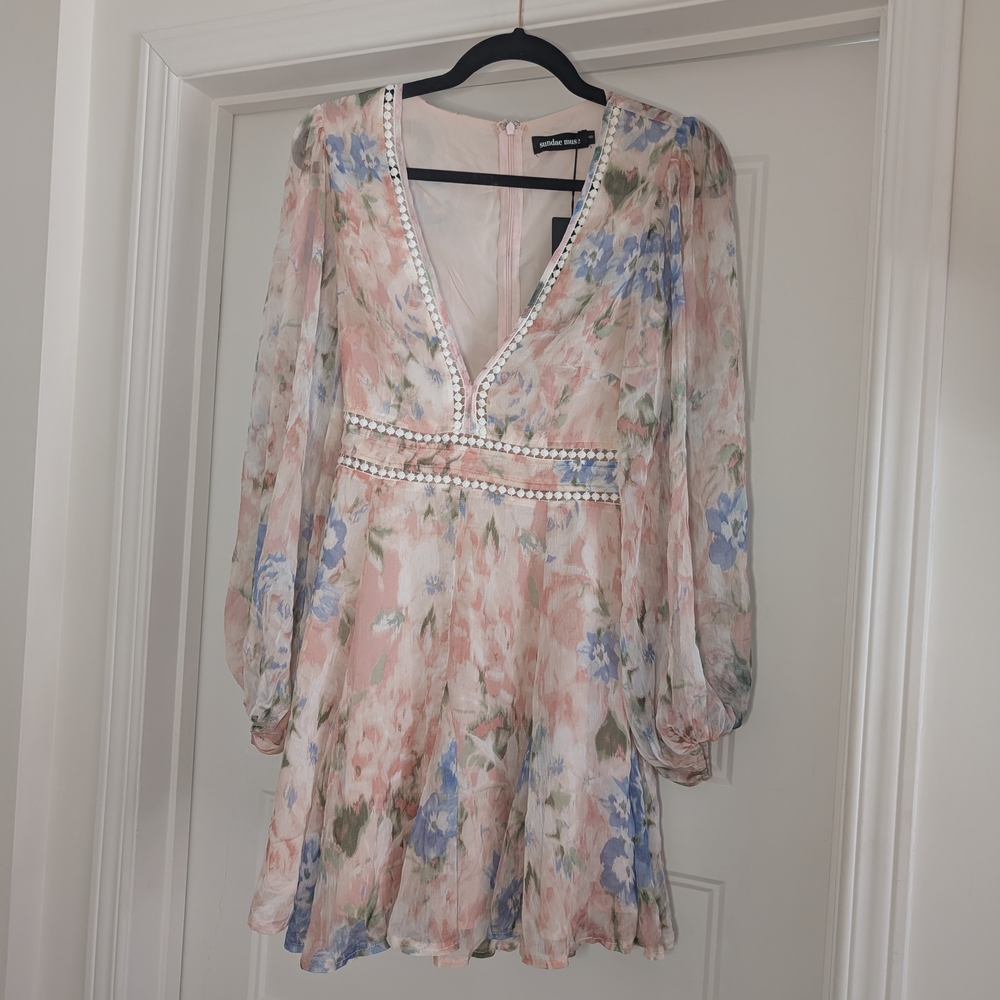 Chic Floral Long Sleeve Dress with Pearl Accents
